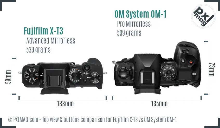 Fujifilm X-T3 vs OM System OM-1 top view buttons comparison