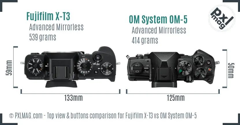 Fujifilm X-T3 vs OM System OM-5 top view buttons comparison