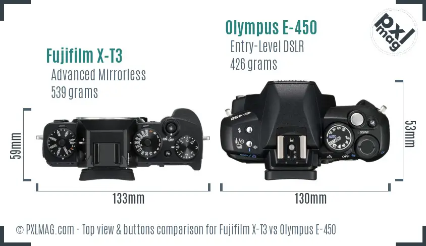 Fujifilm X-T3 vs Olympus E-450 top view buttons comparison
