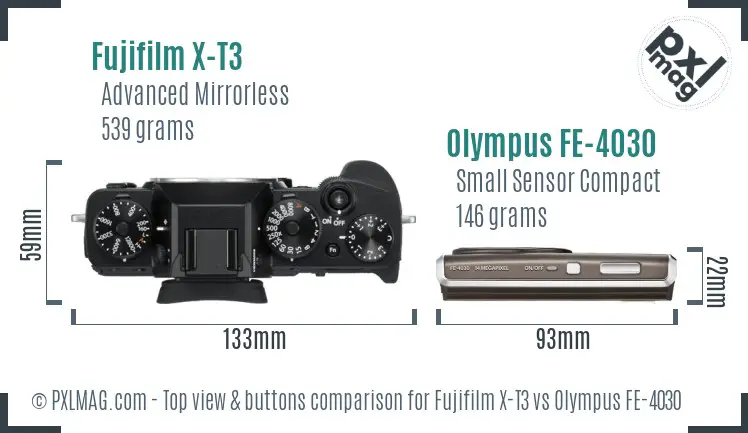 Fujifilm X-T3 vs Olympus FE-4030 top view buttons comparison