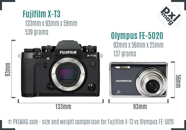 Fujifilm X-T3 vs Olympus FE-5020 size comparison