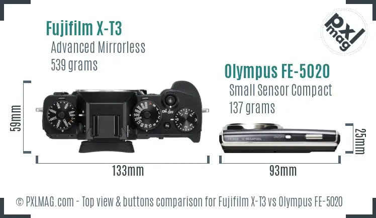 Fujifilm X-T3 vs Olympus FE-5020 top view buttons comparison