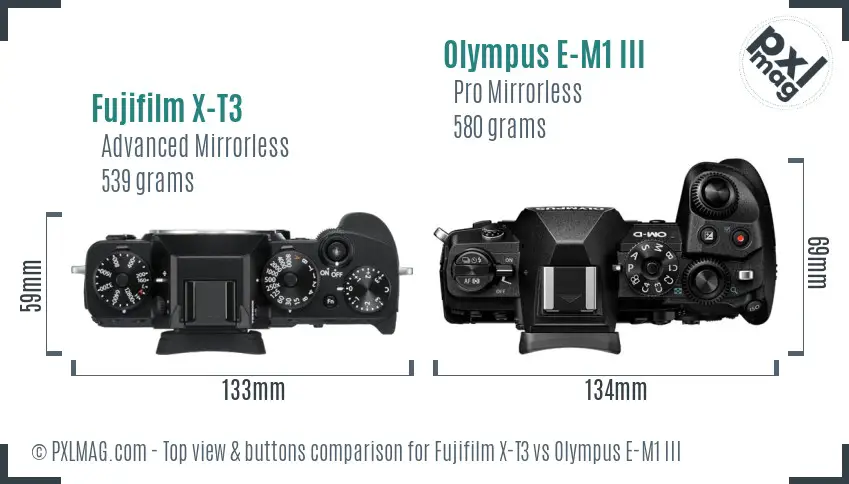 Fujifilm X-T3 vs Olympus E-M1 III top view buttons comparison