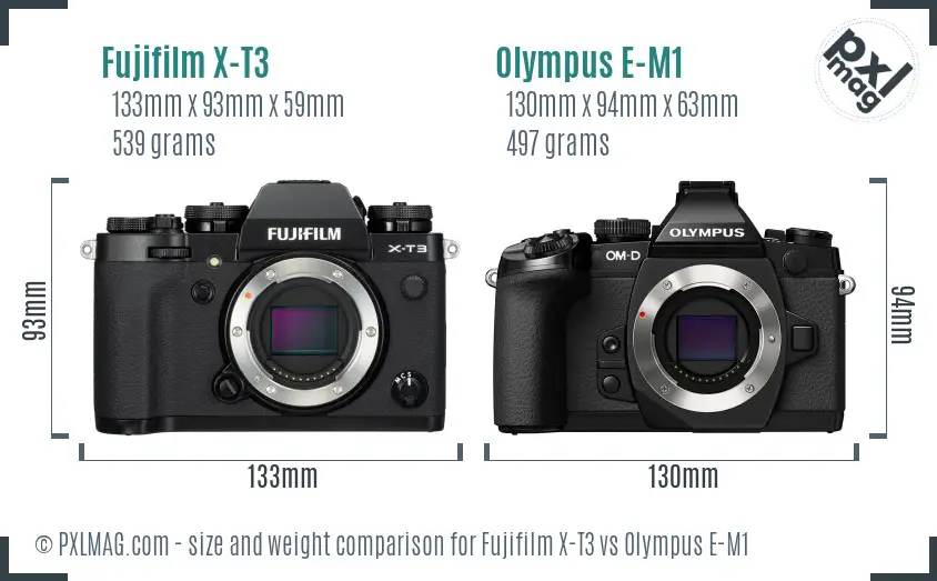 Fujifilm X-T3 vs Olympus E-M1 size comparison