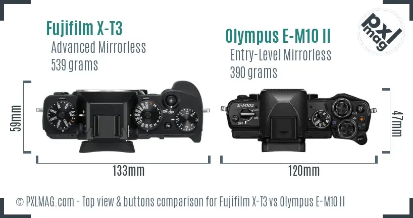 Fujifilm X-T3 vs Olympus E-M10 II top view buttons comparison