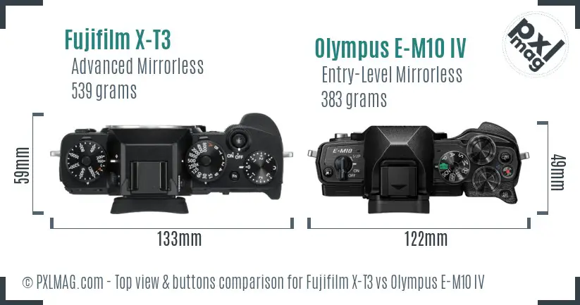 Fujifilm X-T3 vs Olympus E-M10 IV top view buttons comparison
