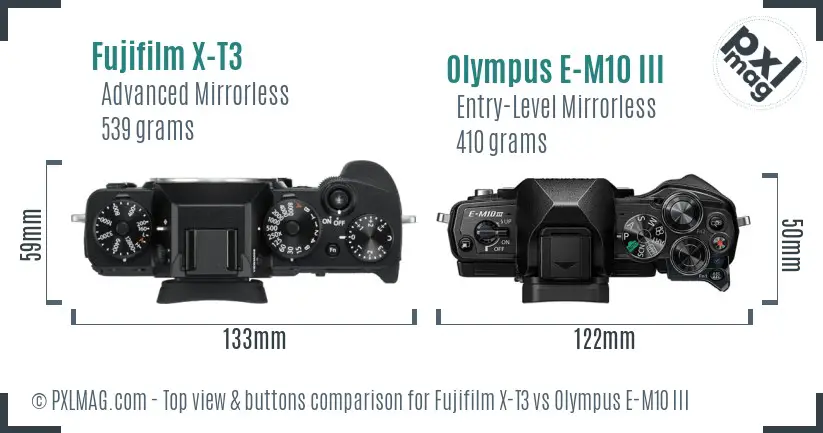 Fujifilm X-T3 vs Olympus E-M10 III top view buttons comparison