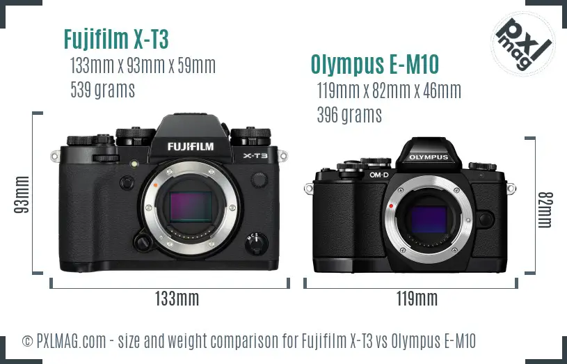 Fujifilm X-T3 vs Olympus E-M10 size comparison
