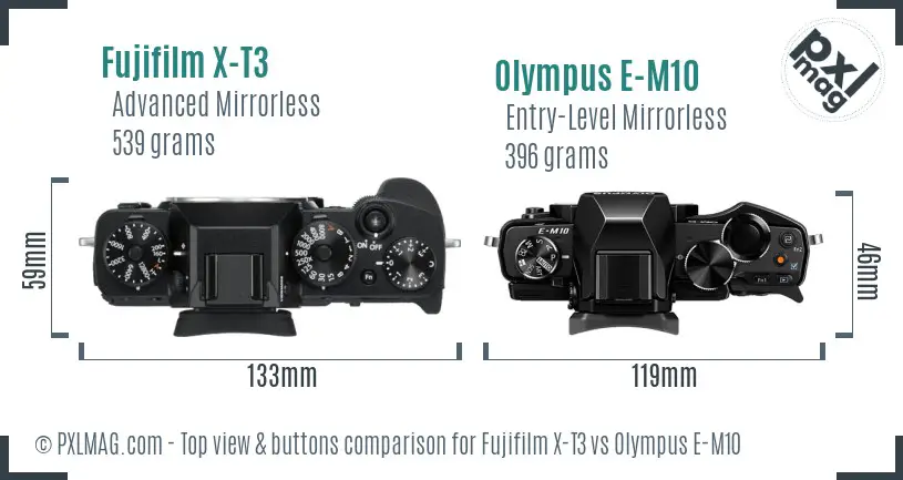 Fujifilm X-T3 vs Olympus E-M10 top view buttons comparison