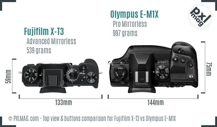 Fujifilm X-T3 vs Olympus E-M1X top view buttons comparison