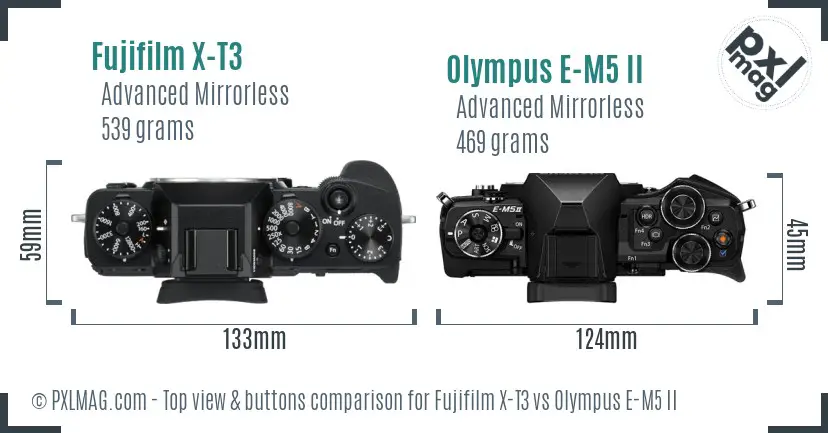 Fujifilm X-T3 vs Olympus E-M5 II top view buttons comparison