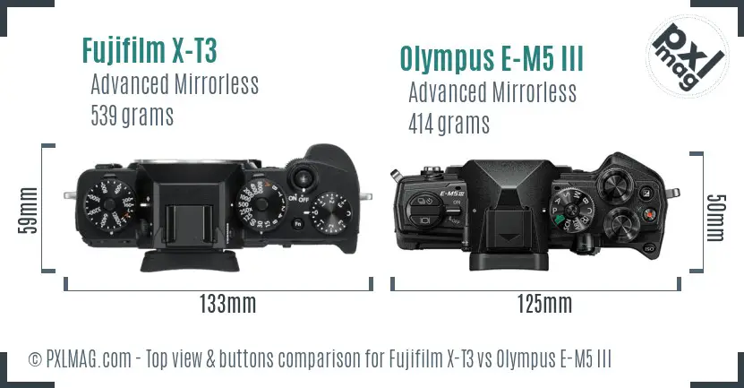 Fujifilm X-T3 vs Olympus E-M5 III top view buttons comparison