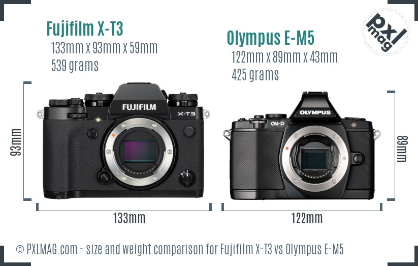 Fujifilm X-T3 vs Olympus E-M5 size comparison