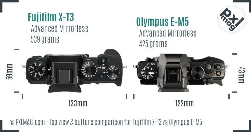 Fujifilm X-T3 vs Olympus E-M5 top view buttons comparison