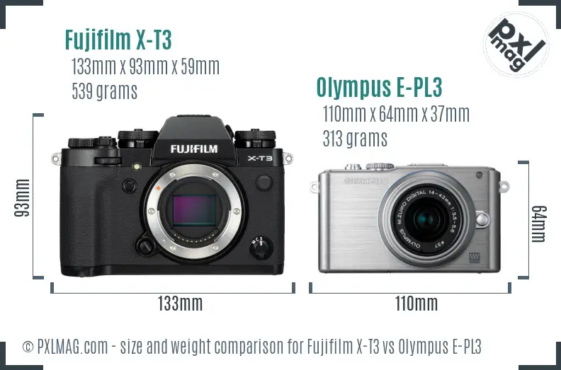Fujifilm X-T3 vs Olympus E-PL3 size comparison