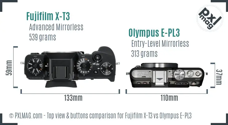 Fujifilm X-T3 vs Olympus E-PL3 top view buttons comparison
