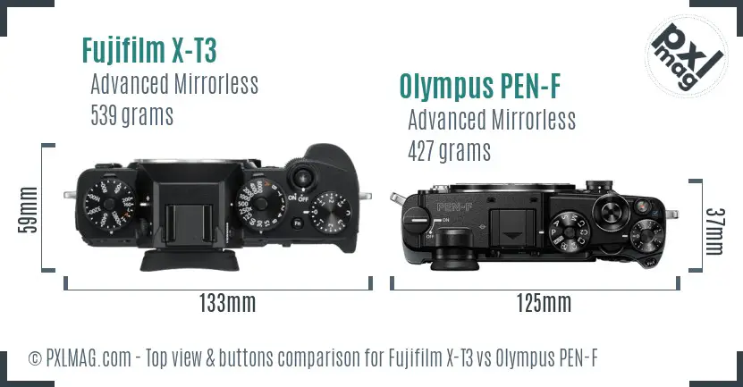 Fujifilm X-T3 vs Olympus PEN-F top view buttons comparison Fujifilm X-T3 vs Olympus PEN-F top view buttons comparison
