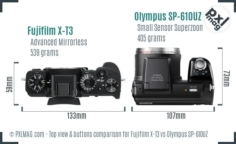 Fujifilm X-T3 vs Olympus SP-610UZ top view buttons comparison