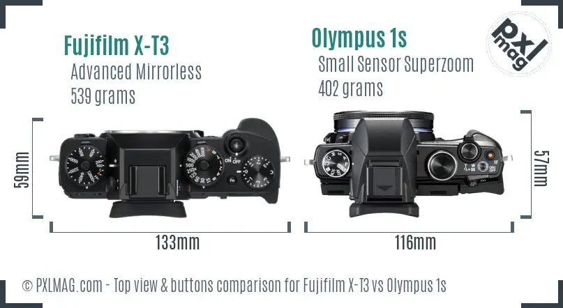 Fujifilm X-T3 vs Olympus 1s top view buttons comparison