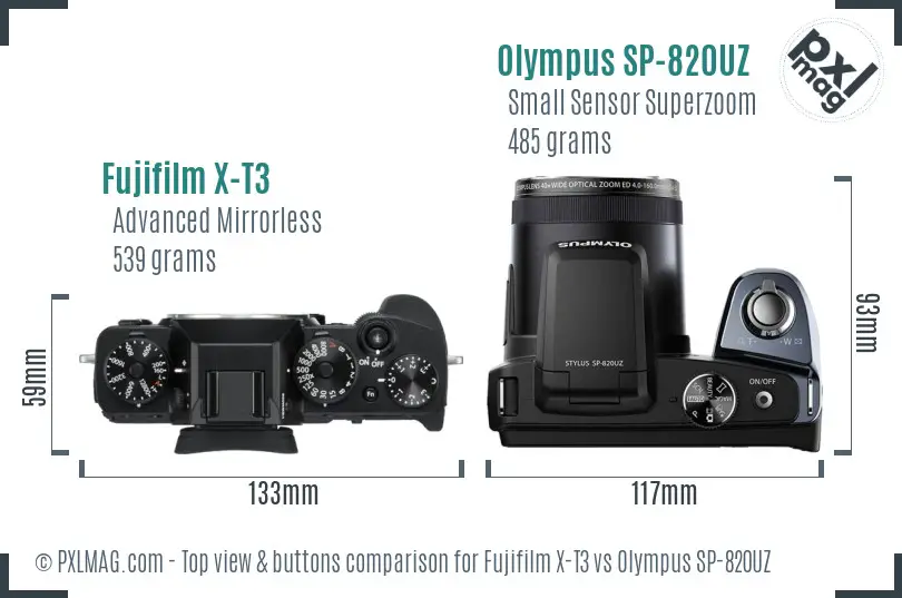 Fujifilm X-T3 vs Olympus SP-820UZ top view buttons comparison