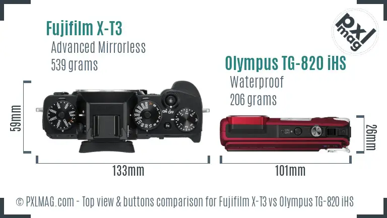 Fujifilm X-T3 vs Olympus TG-820 iHS top view buttons comparison