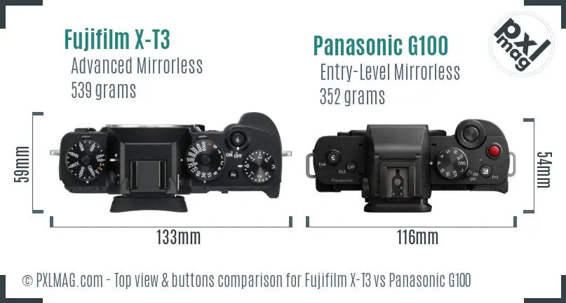 Fujifilm X-T3 vs Panasonic G100 top view buttons comparison