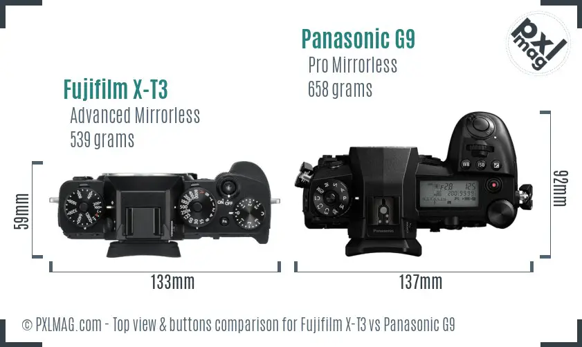 Fujifilm X-T3 vs Panasonic G9 top view buttons comparison Fujifilm X-T3 vs Panasonic G9 top view buttons comparison