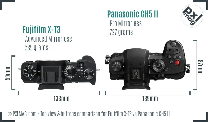 Fujifilm X-T3 vs Panasonic GH5 II top view buttons comparison