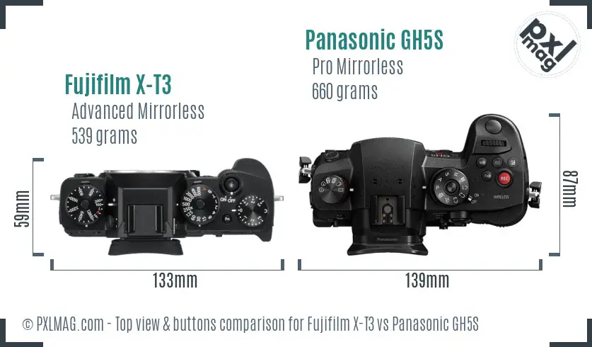 Fujifilm X-T3 vs Panasonic GH5S top view buttons comparison