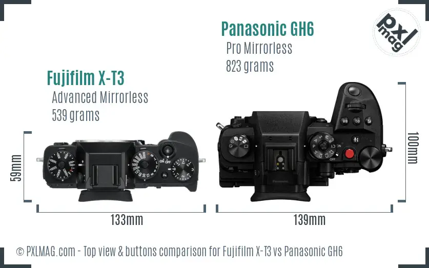 Fujifilm X-T3 vs Panasonic GH6 top view buttons comparison