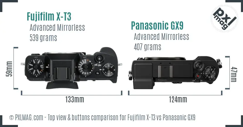 Fujifilm X-T3 vs Panasonic GX9 top view buttons comparison