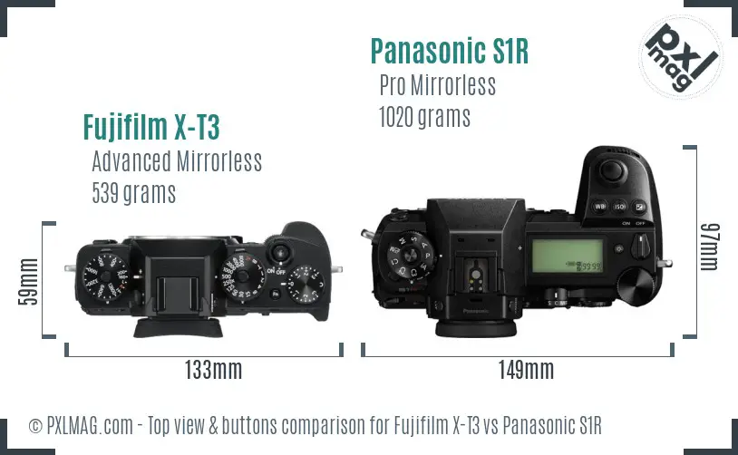 Fujifilm X-T3 vs Panasonic S1R top view buttons comparison Fujifilm X-T3 vs Panasonic S1R top view buttons comparison