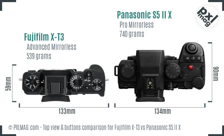 Fujifilm X-T3 vs Panasonic S5 II X top view buttons comparison