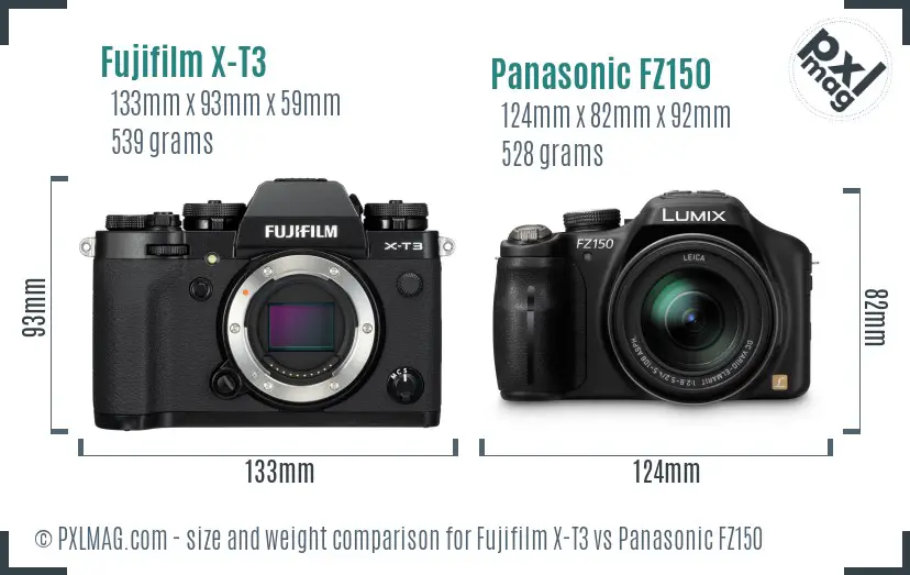 Fujifilm X-T3 vs Panasonic FZ150 size comparison