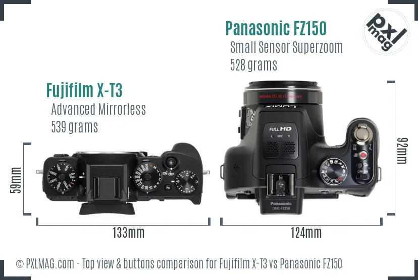 Fujifilm X-T3 vs Panasonic FZ150 top view buttons comparison
