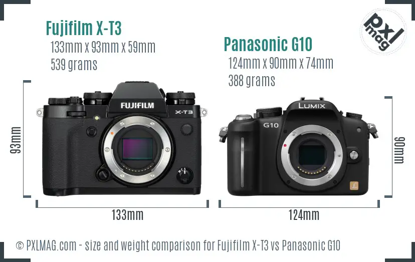 Fujifilm X-T3 vs Panasonic G10 size comparison Fujifilm X-T3 vs Panasonic G10 size comparison
