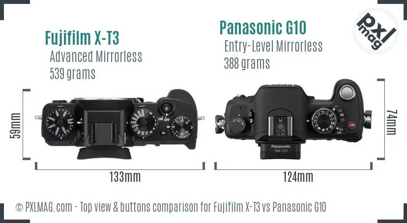 Fujifilm X-T3 vs Panasonic G10 top view buttons comparison Fujifilm X-T3 vs Panasonic G10 top view buttons comparison