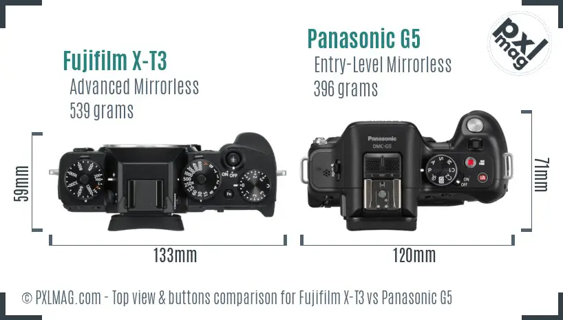 Fujifilm X-T3 vs Panasonic G5 top view buttons comparison