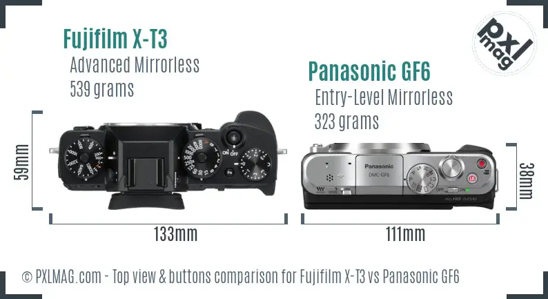 Fujifilm X-T3 vs Panasonic GF6 top view buttons comparison