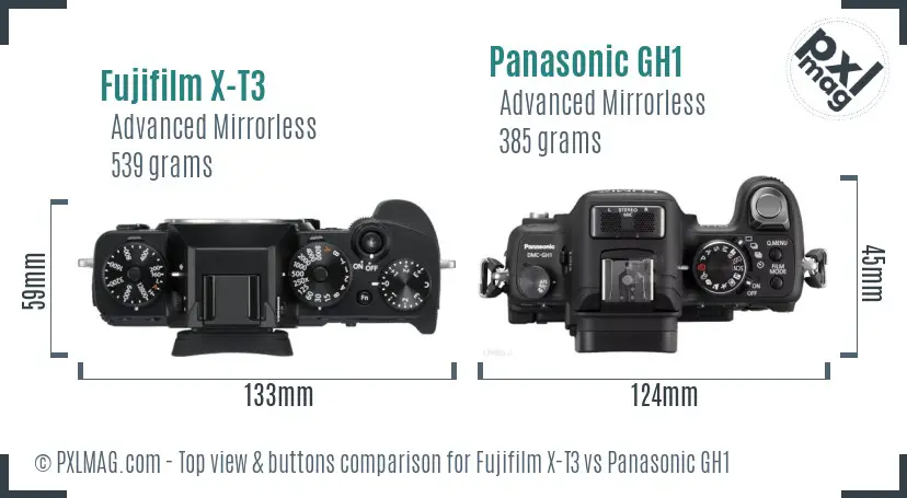 Fujifilm X-T3 vs Panasonic GH1 top view buttons comparison