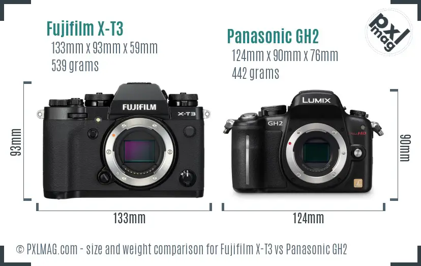 Fujifilm X-T3 vs Panasonic GH2 size comparison