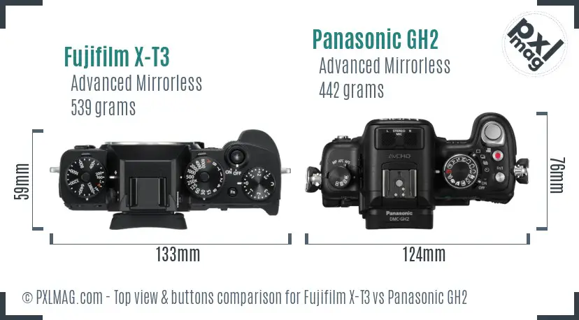 Fujifilm X-T3 vs Panasonic GH2 top view buttons comparison