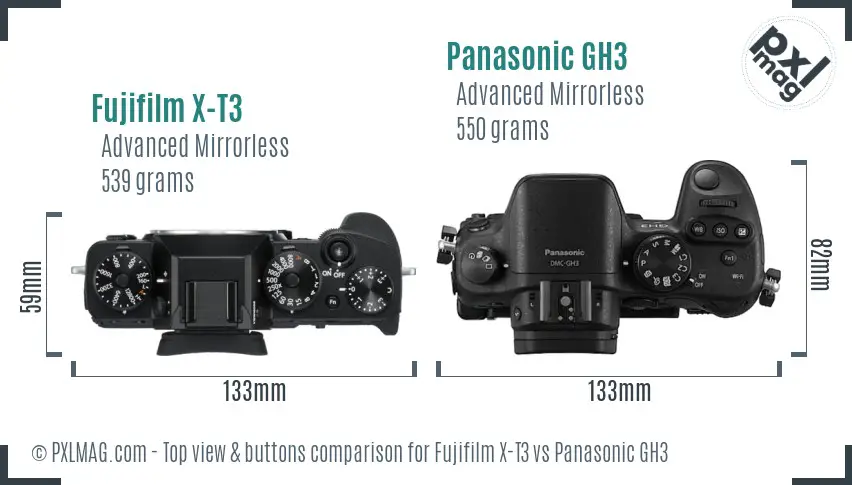 Fujifilm X-T3 vs Panasonic GH3 top view buttons comparison