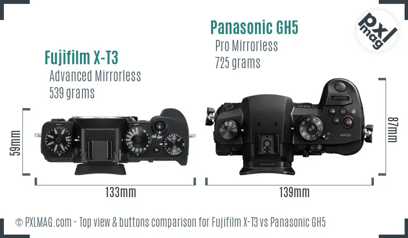 Fujifilm X-T3 vs Panasonic GH5 top view buttons comparison