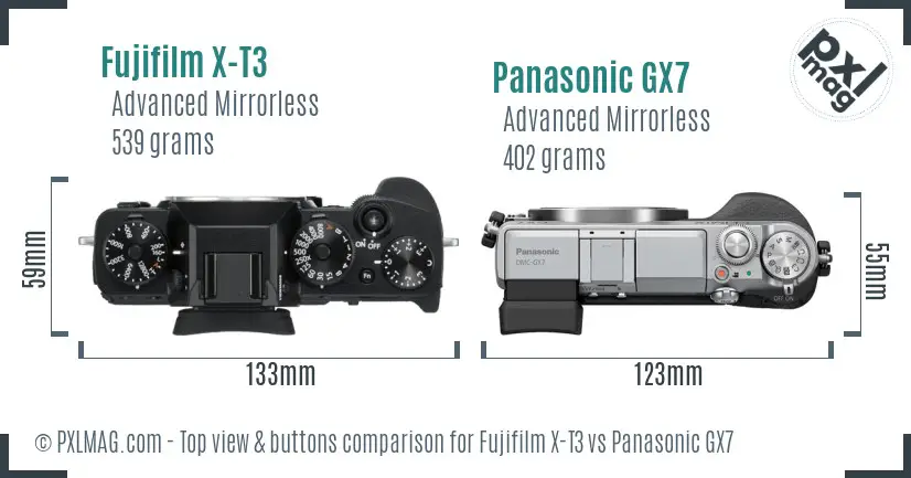 Fujifilm X-T3 vs Panasonic GX7 top view buttons comparison
