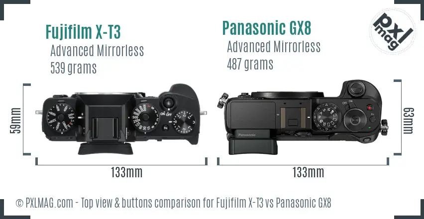 Fujifilm X-T3 vs Panasonic GX8 top view buttons comparison