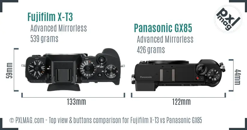 Fujifilm X-T3 vs Panasonic GX85 top view buttons comparison