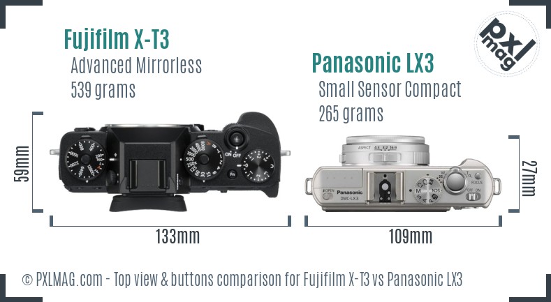 Fujifilm X-T3 vs Panasonic LX3 top view buttons comparison