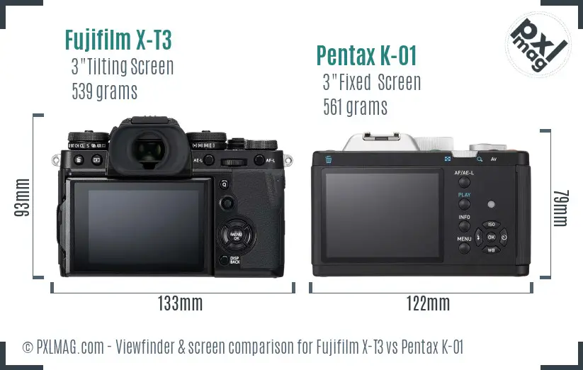 Fujifilm X-T3 vs Pentax K-01 Screen and Viewfinder comparison