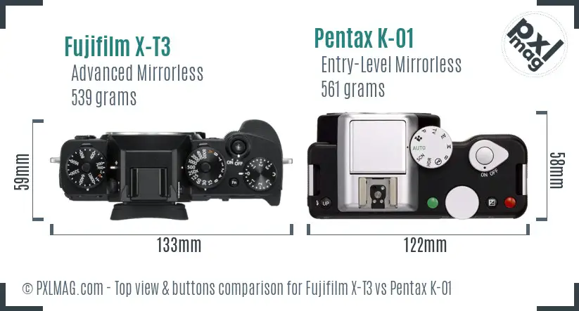 Fujifilm X-T3 vs Pentax K-01 top view buttons comparison